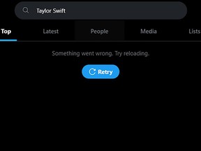 This screenshot made on Monday, Jan. 29, 2024, shows a Taylor Swift search error on social media platform X. X has blocked some searches for Swift as pornographic deepfake images of the singer have circulated online.(AP Photo)
