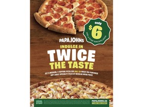 Created exclusively for Canada, pizza fans can now score a medium one topping pizza for only six dollars when they order any large Specialty Pizza at regular menu price from Papa Johns.