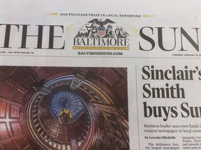 The Baltimore Sun front page is seen, Tuesday, Jan. 16, 2024, in Baltimore. David D. Smith, executive chairman of the Sinclair broadcasting chain and an active contributor to conservative causes, has bought Baltimore Sun Media from the investment firm Alden Global Capital. The purchase price was not disclosed.