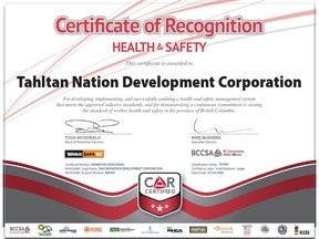 Tahltan Nation Development Corporation (TNDC) has been awarded a Certificate of Recognition (COR) from WorkSafeBC, reinforcing its commitment to protecting workers and maintaining a progressive safety culture.