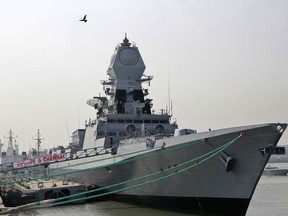 FILE- INS Chennai, a Kolkata class destroyer, is moored at a jetty in Mumbai, India, Friday, Nov. 18, 2016. The Indian navy said on Friday, Jan. 5, 2023, that it has deployed the ship and a patrol aircraft in the Arabian Sea following a hijacking attempt onboard a Liberia-flagged bulk carrier.