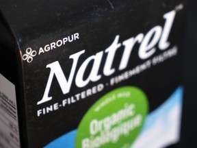 The Agropur logo is seen on a carton of milk in Montreal on Tuesday, June 18, 2019.
