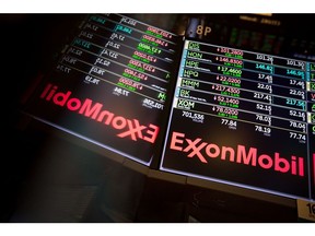 A monitor displays Exxon Mobil Corp. signage on the floor of the New York Stock Exchange (NYSE) in New York, U.S., on Friday, April 13, 2018. U.S. stocks gave up earlier gains and turned lower as investors assessed positions ahead of the weekend with trade uncertainty and tension in the Middle East hanging over financial markets. The dollar fell with Treasury yields and oil rose for fifth straight day. Photographer: Michael Nagle/Bloomberg