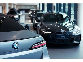 A BMW i7 electric sedan on display at a BMW AG showroom.