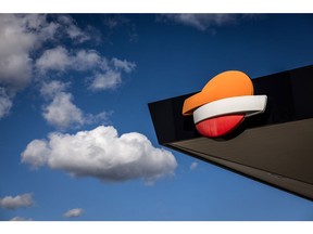 A logo on the roof of a Repsol SA gas station in the Zona Franca district of Barcelona, Spain, on Tuesday, Oct. 24, 2023. Repsol report earnings on Oct. 26. Photographer: Angel Garcia/Bloomberg