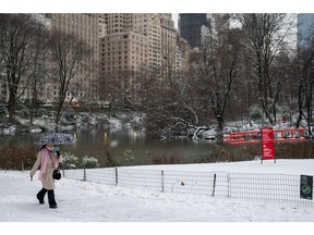 A pedestrian in Central Park during a snow storm in New York, US, on Tuesday, Jan. 16, 2024. New York's Central Park is forecast to get 2 to 3 inches of snow starting late Monday into early Tuesday, breaking its longest snow-drought record as the winter storm freezing the central US moves east overnight.