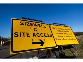Signs for the entrance to the Sizewell C nuclear power station site.