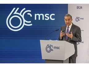 Wang Yi speaks on day two of the Munich Security Conference in Munich on Feb. 17.