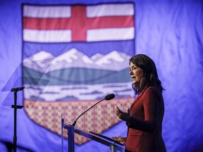 Alberta Premier Danielle Smith speaks to party faithful at the United Conservative Party annual general meeting in Calgary, Nov. 4, 2023. Smith is set to deliver a television address tonight to update Albertans on her government's plan ahead of the spring legislature sitting.