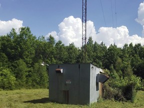 This image provided by Brett Elmore shows WJLX radio's tower in Jasper, Ala. Authorities say a thief or thieves made off with the 200-foot tower, which was discovered missing Friday, Feb. 2, 2024, and shut down WJLX Radio.