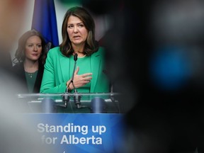 Alberta Premier Danielle Smith addresses a news conference in Ottawa.