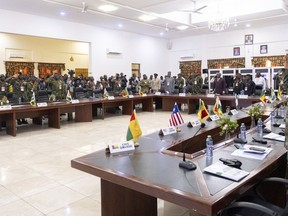 FILE - The defense chiefs from the Economic Community of West African States (ECOWAS) countries excluding Mali, Burkina Faso, Chad, Guinea and Niger, gather for their extraordinary meeting in Accra, Ghana, Thursday, Aug. 17, 2023, to discuss the situation in Niger. Heads of state across West Africa will meet on Saturday, Feb. 24, 2024 to discuss the region's existential challenges particularly the withdrawal of three junta-led nations from the top regional bloc as well as sanctions imposed to reverse the coup in Niger. The West Africa bloc of ECOWAS summit to hold in Nigeria's capital, Abuja, comes at a critical time when the 49-year-old bloc's future is threatened.
