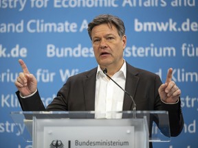Robert Habeck, Federal Minister for Economic Affairs and Climate Protection, speaks at a press conference to present the key points of the Carbon Management Strategy (CMS) and the draft bill for the amendment to the Carbon Dioxide Storage Act in Berlin, Germany, Monday Feb. 26, 2024. Germany plans to enable underground carbon storage at offshore sites, pushing ahead with a much-discussed technology in an acknowledgement that time is running out to combat climate change, Habeck said Monday.