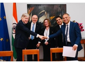LTIMindtree and Eurolife FFH sign MoU to setup GenAl and digital hubs in India and Europe. In the picture left to right Alexandros Sarrigeorgiou, Chairman & CEO, Eurolife FFH Insurance Group, Sanjay Tugnait, President & Chief Executive Officer, Fairfax Digital Services, Sudhir Chaturvedi, President, and Executive Board Member, LTIMindtree at the residence of Greek Ambassador in Delhi.