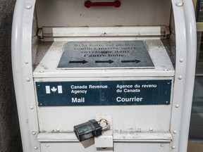 A mail drop box outside the Canada Revenue Agency in Toronto. This year’s general tax filing deadline is April 30, 2024.