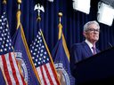Federal Reserve Board Chairman Jerome Powell speaks during a news conference on Wednesday in Washington, DC The Fed kept interest rates on hold but hinted that rate cuts would be imminent. 
