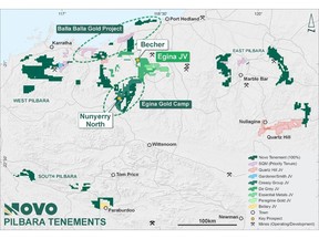 Location of Novo tenements, the Egina JV area and priority projects in the Pilbara