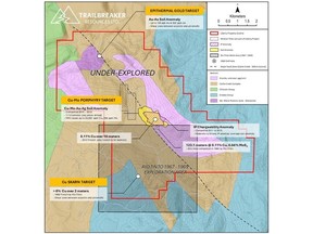 Expanded property outline, now covering 12 km of strike extent of the granitic intrusion potentially associated with Cu-Mo porphyry, epithermal gold, and Cu-skarn style mineralization.