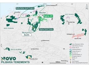 Figure 1: Novo Pilbara tenure showing main projects and significant prospect.