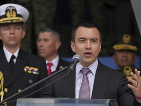 FILE - Ecuador President Daniel Noboa speaks during a ceremony to deliver equipment to police, at the Gral. Alberto Enriquez Gallo police school in Quito, Ecuador, Jan. 22, 2024. A diplomatic rift between Ecuador and Russia appears to have intensified over the weekend after the European nation decided to ban some of Ecuador's banana exports.