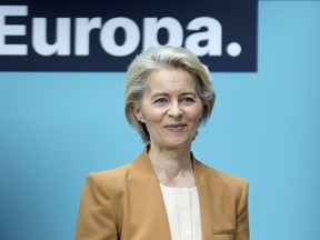 Ursula von der Leyen, President of the European Commission, is pictured during a press conference after a board meeting of the Christian Democratic Union (CDU) in Berlin, Germany, Monday, Feb. 19, 2024. Ursula von der Leyen announced her intention to run for a second term as EU commission president.