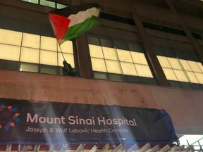 A pro-Palestinian protester waving a flag at Mount Sinai Hospital