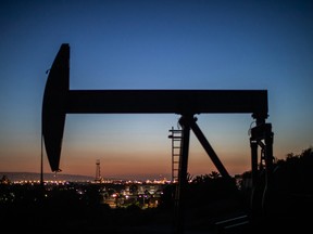 An oil pumpjack operates at Willow Springs Park in Long Beach, California.