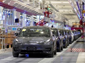 Tesla Inc.'s China-made Model 3 vehicles at its factory in Shanghai, China.