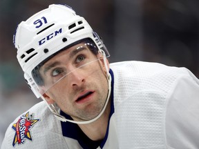 John Tavares, #91 of the Toronto Maple Leafs, during the first period against the Seattle Kraken at Climate Pledge Arena on Jan. 21 in Seattle, Washington.