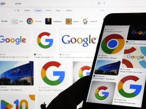 FILE - Google logos are shown when searched on Google in New York, Sept. 11, 2023. Google said Thursday, Feb. 22, 2024, it's temporarily stopping its Gemini artificial intelligence chatbot from generating images of people a day after apologizing for "inaccuracies" in historical depictions that it was creating.