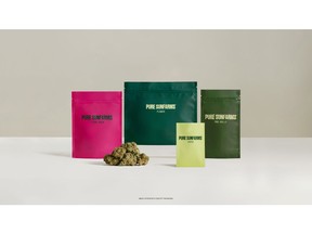 Pure Sunfarms' new line up of colour-coded packaging, including a custom pink coloured pouch for Pure Sunfarms' Pink Kush strain, Ontario's top selling strain in 2023.