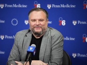 Philadelphia 76ers' Daryl Morey speaks during a news conference before an NBA basketball game against the Atlanta Hawks, Friday, Feb. 9, 2024, in Philadelphia.