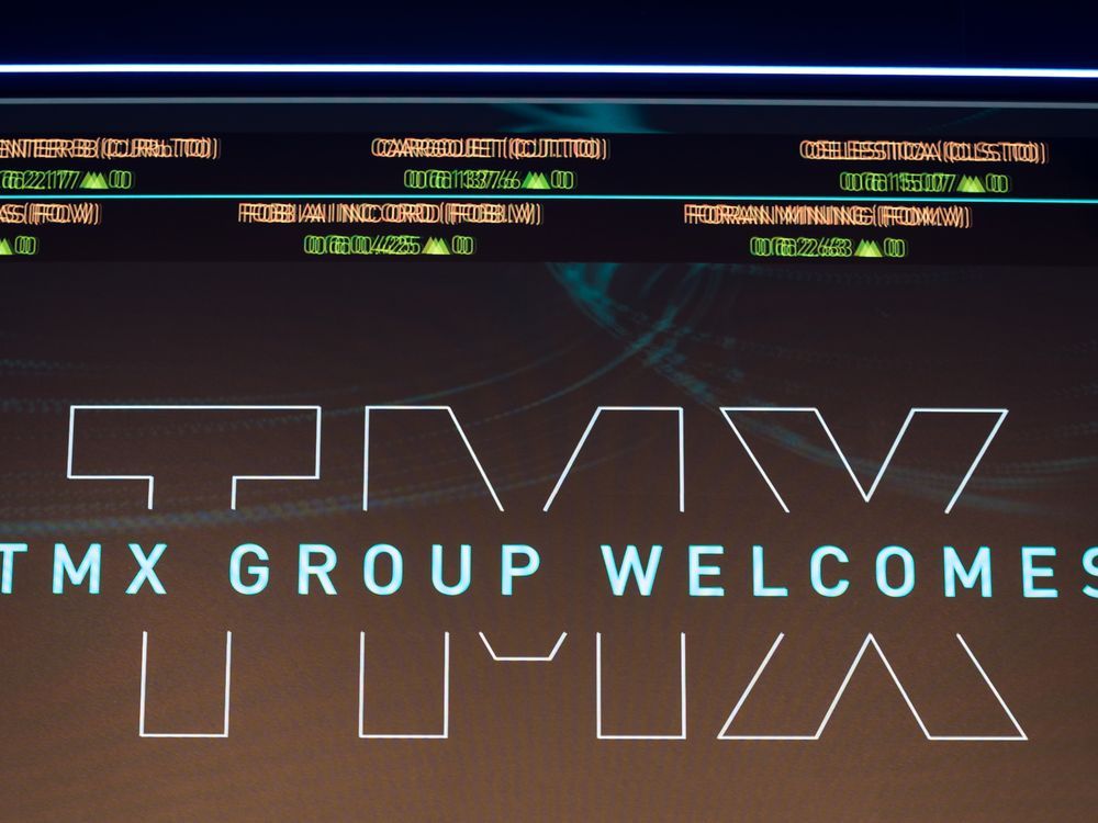 The S&P TSX composite index screen at the TMX Market Centre