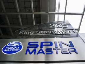 Spin Master signage is pictured in Toronto, Friday, Sept. 8, 2023. Spin Master Corp. says its preliminary fourth-quarter revenue reached US$502.6 million as the holiday shopping season was underway and viewers continued to watch "Paw Patrol: The Mighty Movie."