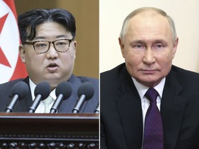 FILE - This combination of photos shows North Korean leader Kim Jong Un, left, speaks at the Supreme People's Assembly in Pyongyang, North Korea, on Jan. 15, 2024 and Russian President Vladimir Putin delivers a video address to mark the 31st anniversary of the founding of the National Energy Giant Gazprom at the Novo-Ogaryovo state residence, outside Moscow, Russia, on Feb. 17, 2024. Putin has gifted Kim a Russian-made car for his personal use in a demonstration of their special relations, North Korea's state media reported Tuesday, Feb. 20, 2024. (AP Photo, File)