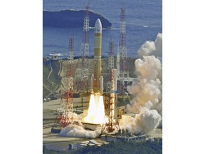 An H3 rocket lifts off from Tanegashima Space Center in Kagoshima, southern Japan on March 7, 2023. Japan's space agency on Tuesday, Feb. 13, 2024, postponed the second test flight of its new flagship rocket H3 series that was planned for this week because of bad weather forecasts at the launch site, as space officials scramble scramble to ensure a successful liftoff a year after a failed debut flight. (Kyodo News via AP)