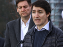 Prime Minister Justin Trudeau makes a housing announcement with British Columbia Prime Minister David Eby at the University of British Columbia in Vancouver on February 20, 2024. 