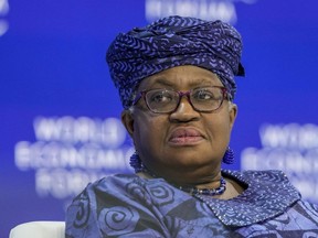 FILE - Ngozi Okonjo-Iweala, Director-General of the World Trade Organization takes part in a panel at the Annual Meeting of World Economic Forum in Davos, Switzerland, Wednesday, Jan. 17, 2024. The head of the World Trade Organization insisted it remains relevant and is focused on reform "no matter who comes into power, when," as Donald Trump -- who as U.S. president bypassed its rules by slapping tariffs on America's friends and foes alike -- makes another run at the White House.