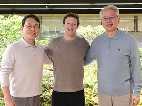In this photo provided by LG Electronics, its CEO William Cho, from left, Meta CEO Mark Zuckerberg and LG COO Kwon Bong-seok pose for a photo after their meeting at LG Twin Towers headquarters in Seoul, South Korea, Wednesday, Feb. 28, 2024. Zuckerberg discussed cooperation on extended reality (XR) devices with LG Electronics executives on Wednesday, as he visited South Korea for the first time in about 10 years. (LG Electronics via AP)