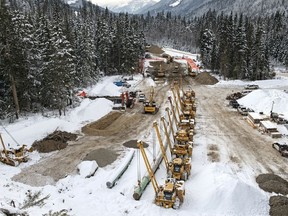 Construction of the Trans Mountain pipeline extension project at Blue River near Valemont, B.C., in December 2021.