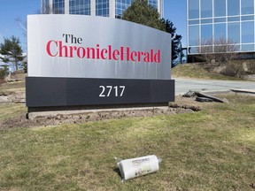 A private equity fund has filed insolvency proceedings against Atlantic newspaper owner SaltWire Network Inc., claiming it owes tens of millions of dollars. The Chronicle Herald sign is seen in Halifax on Thursday, April 13, 2017.