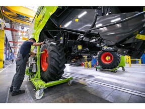 A combine harvester on the production line at a fatory in Harsewinkel, Germany. Photographer: Krisztian Bocsi/Bloomberg