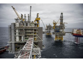 Processing, drilling and production platforms stand in the North Sea.