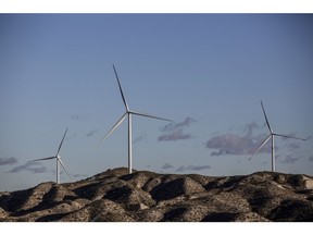 Wind turbines at the Repsol SA Delta wind farm in Zaragoza, Spain.