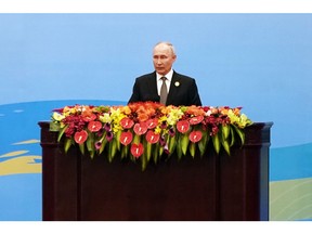 Vladimir Putin, Russia&#39s president, speaks during the opening ceremony at the Belt and Road Forum in Beijing, China, on Wednesday, Oct. 18, 2023. President Xi Jinping said the Belt and Road Initiative has a "golden decade" ahead, welcoming Putin and other delegates at a forum aimed at reinvigorating what Xi has called a "project of the century."