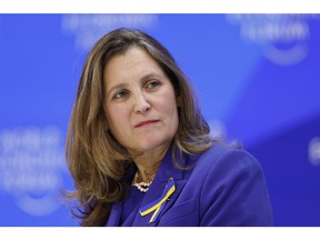 Chrystia Freeland, Canada's deputy prime minister and finance minister, during a panel session on day three of the World Economic Forum (WEF) in Davos, Switzerland, on Thursday, Jan. 18, 2024. The annual Davos gathering of political leaders, top executives and celebrities runs from January 15 to 19.