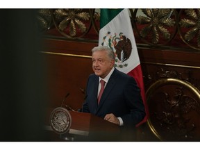 Andres Manuel Lopez Obrador, Mexico's president, speaks during an event at the National Palace in Mexico City, Mexico, on Monday, Feb. 5, 2024. AMLO unveiled a swath of long-shot constitutional reforms to pensions, workers' wages and the Supreme Court on Monday, in a move seemingly aimed at energizing his base and baiting the opposition ahead of June's elections.
