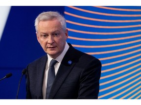 Bruno Le Maire, France's finance minister, speaks during the International Energy Agency (IEA) 50th anniversary and ministerial meeting in Paris, France, on Tuesday, Feb. 13, 2024. Global oil markets should remain "comfortable" this year as new supplies satisfy demand and keep prices in check, according to the International Energy Agency.