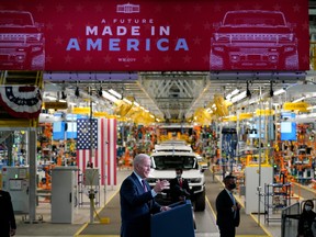 U.S. President Joe Biden speaks at GM's Factory Zero EV assembly plant in Detroit, on Nov. 17, 2021.
