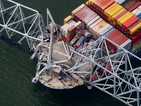The Dali container vessel after striking the Francis Scott Key Bridge that collapsed into the Patapsco River in Baltimore on March 26. Photographer: Al Drago/Bloomberg